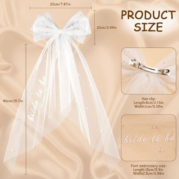 🆕Women White Tulle Pearl 2 Tier Bow Veil Engagement Hair Accessory - Picture 3 of 7